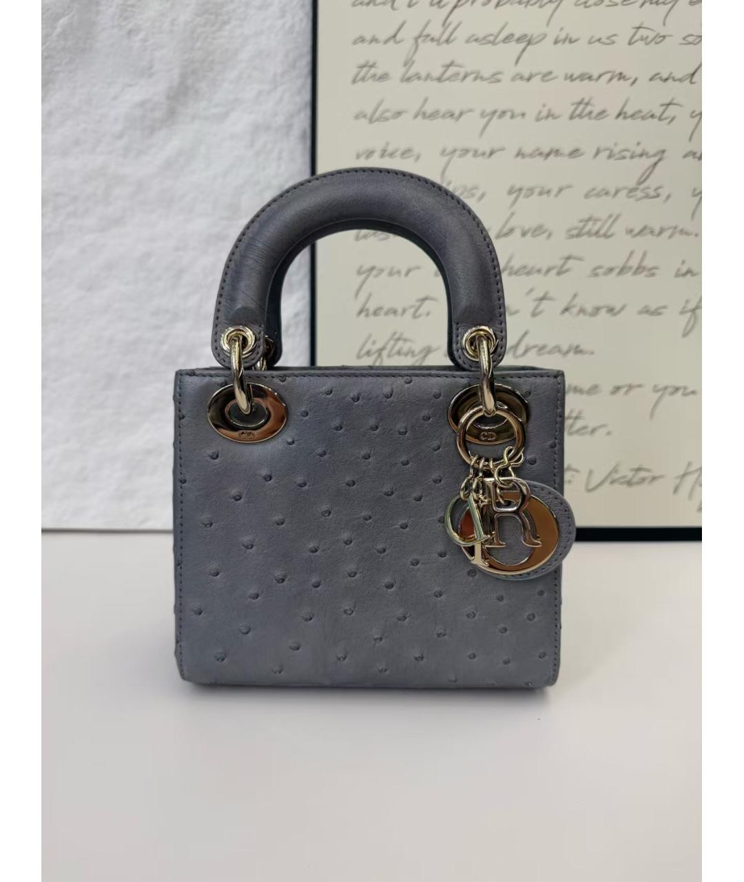 CHRISTIAN DIOR Серая сумка с короткими ручками из кожи страуса, фото 2