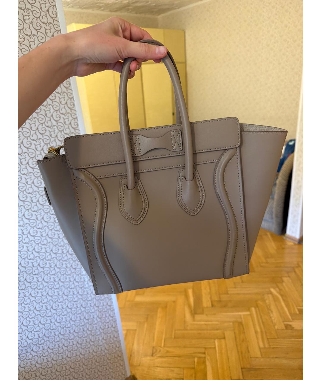 CELINE Бежевая кожаная сумка с короткими ручками, фото 3