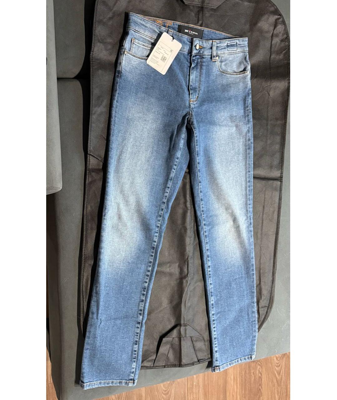 KITON Голубые хлопко-эластановые прямые джинсы, фото 6