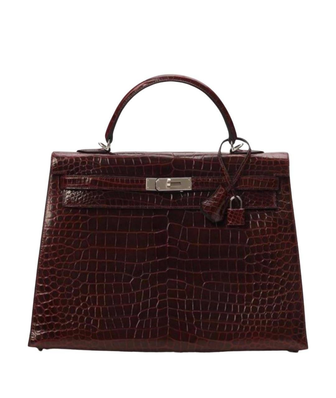 HERMES Бордовая сумка с короткими ручками из кожи крокодила, фото 1