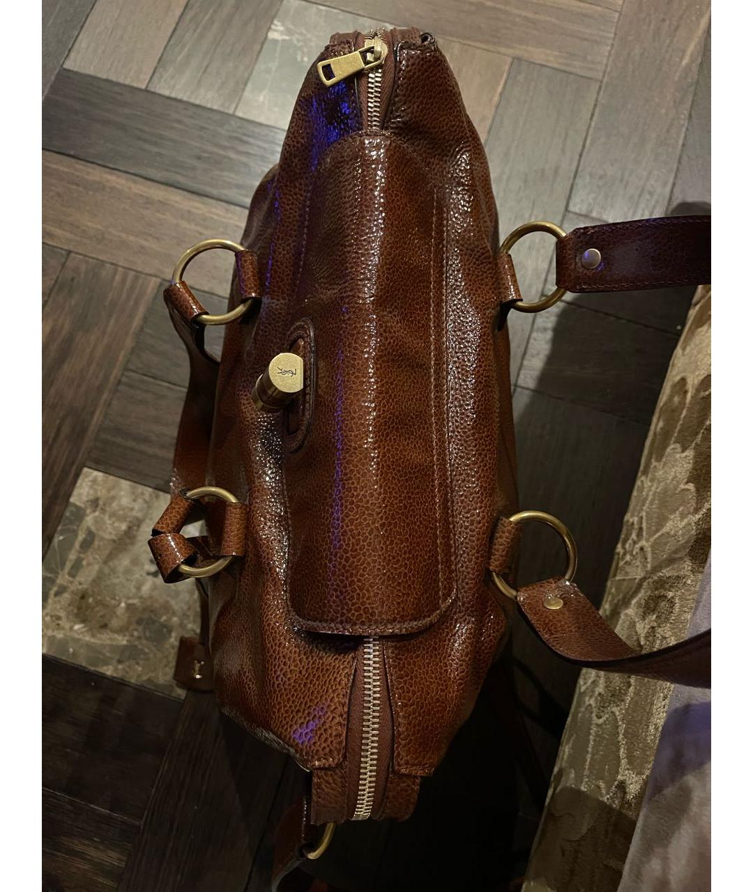 SAINT LAURENT Коричневая кожаная сумка с короткими ручками, фото 4