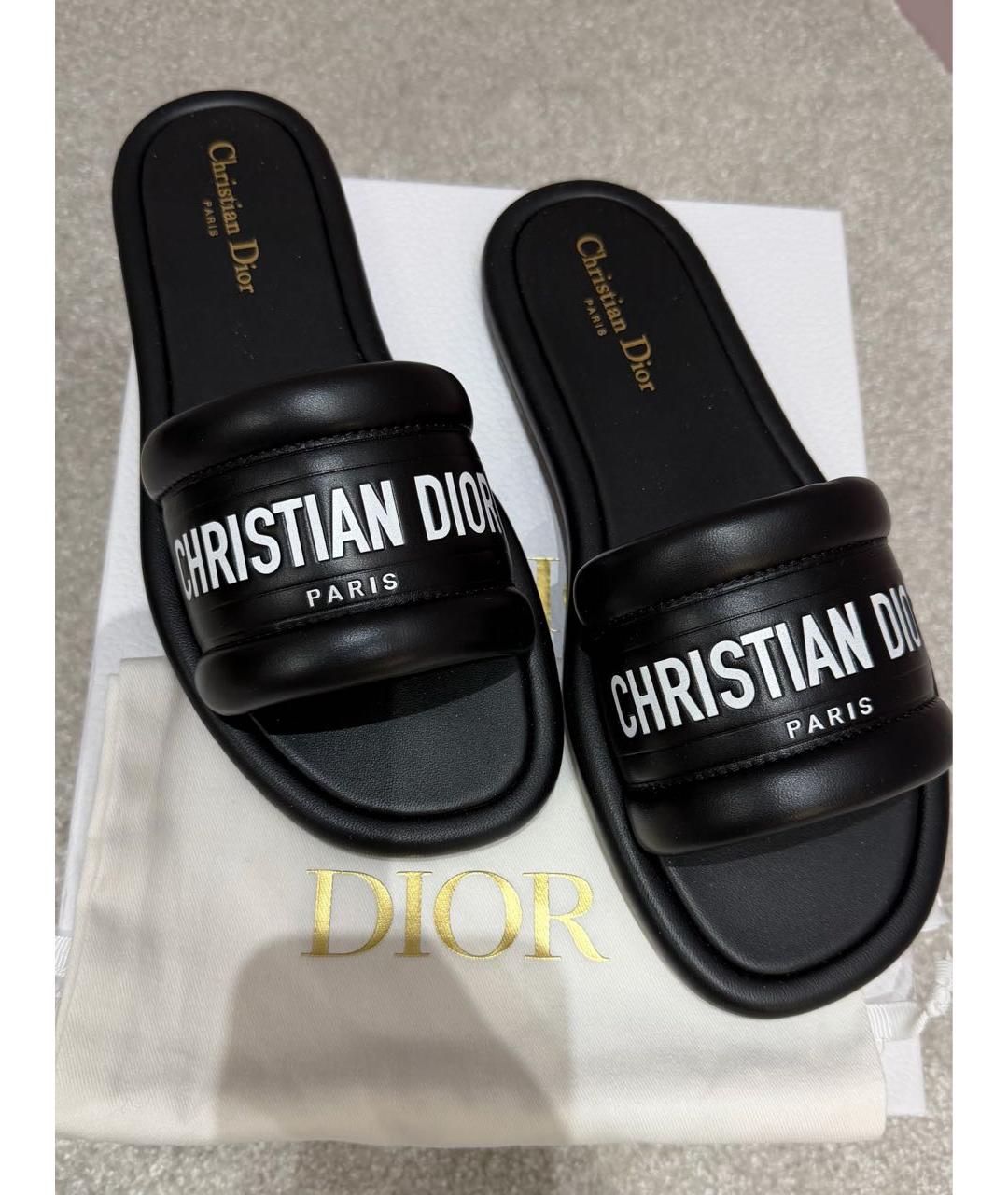 CHRISTIAN DIOR Черные кожаные шлепанцы, фото 6