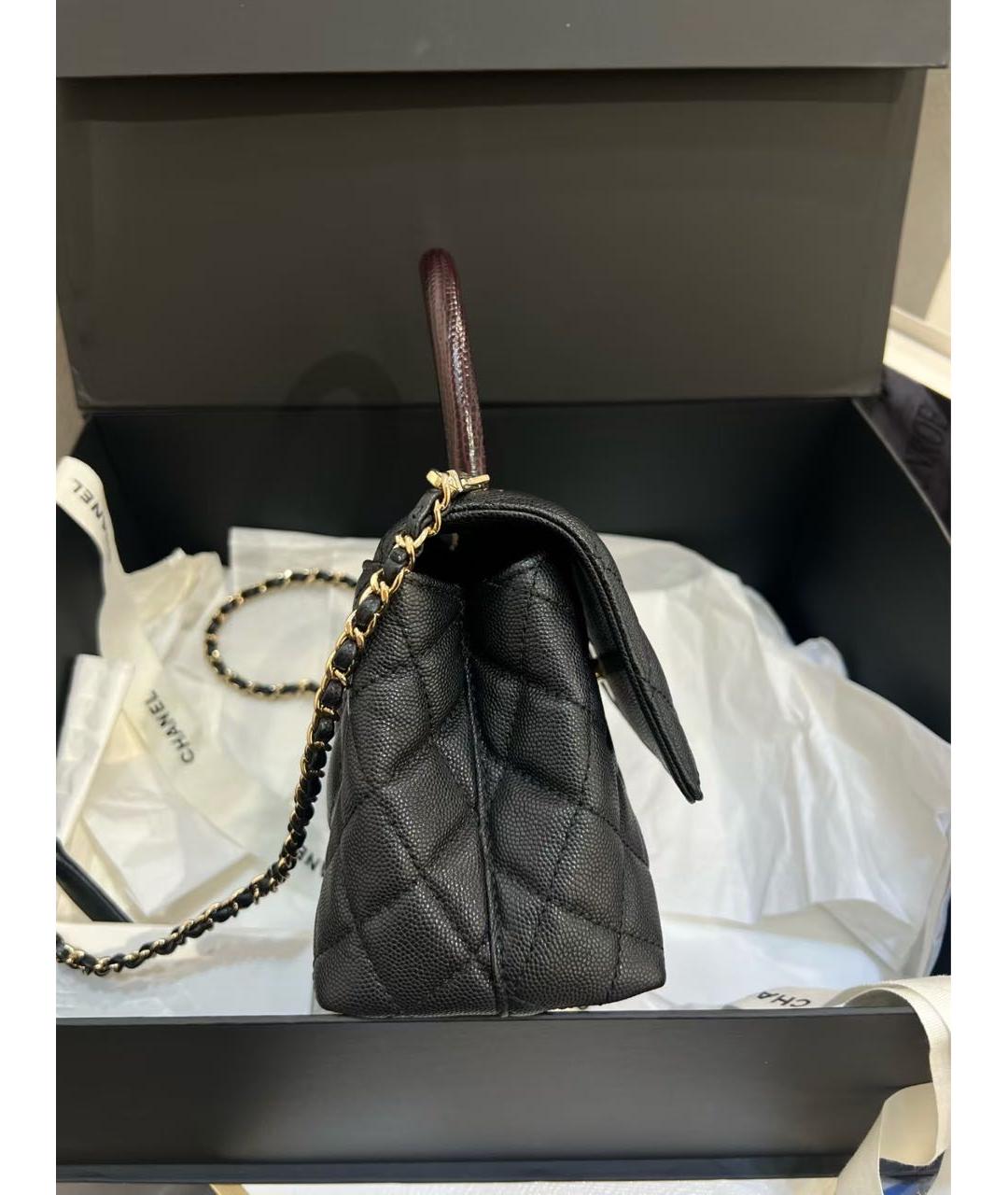 CHANEL Черная сумка с короткими ручками из кожи ящерицы, фото 4