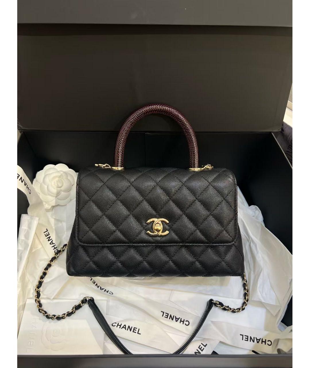 CHANEL Черная сумка с короткими ручками из кожи ящерицы, фото 7