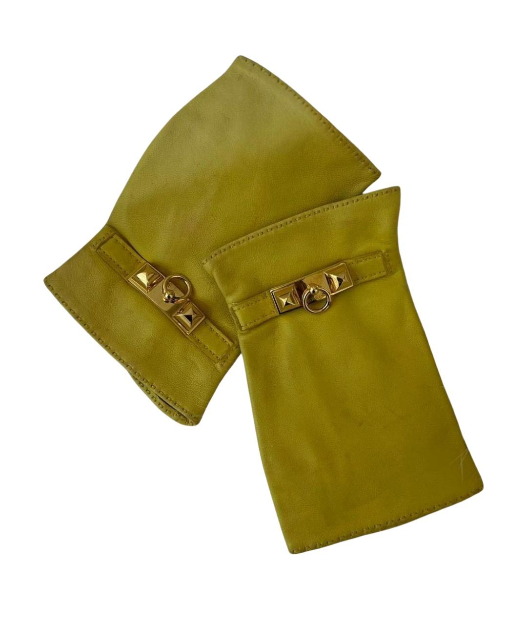 HERMES Желтые кожаные митенки, фото 1