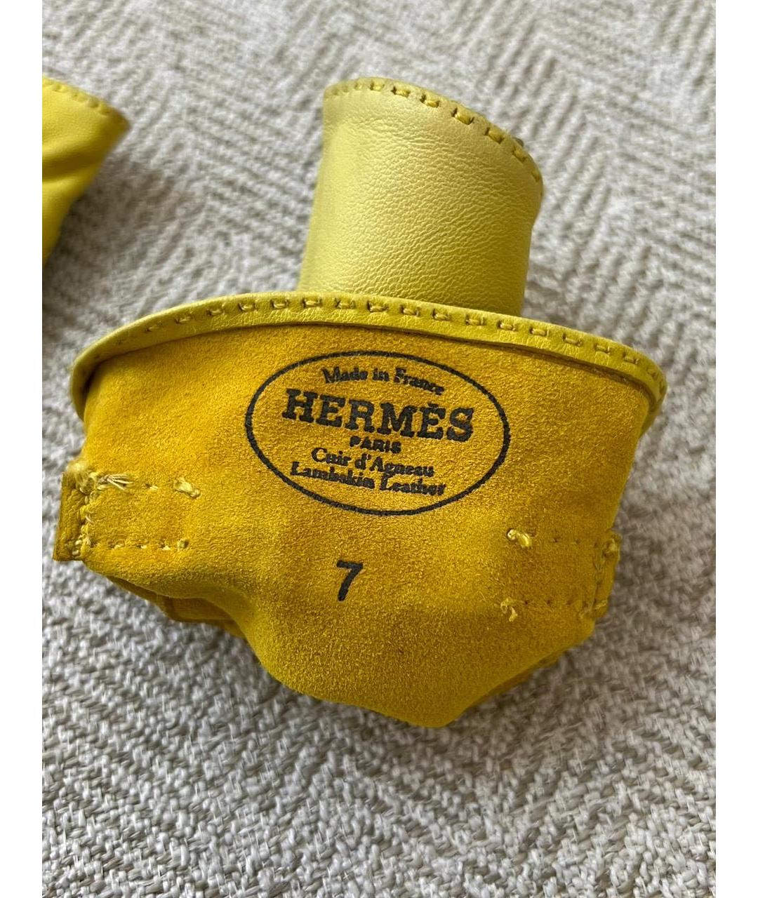 HERMES Желтые кожаные митенки, фото 4