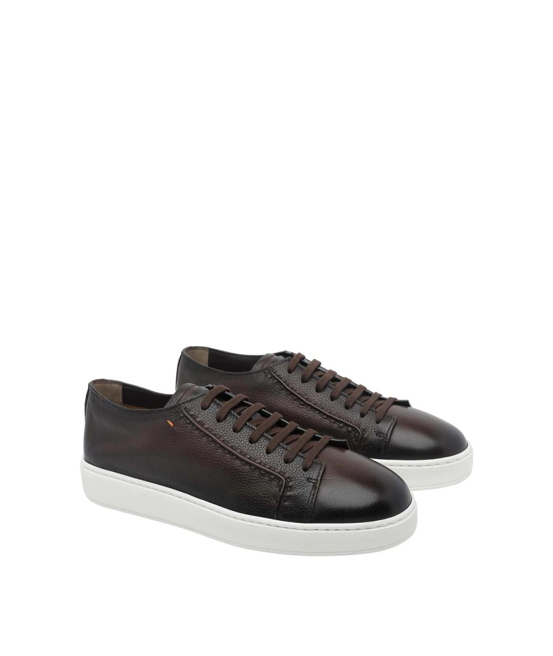 SANTONI Коричневые кожаные низкие кроссовки / кеды, фото 2