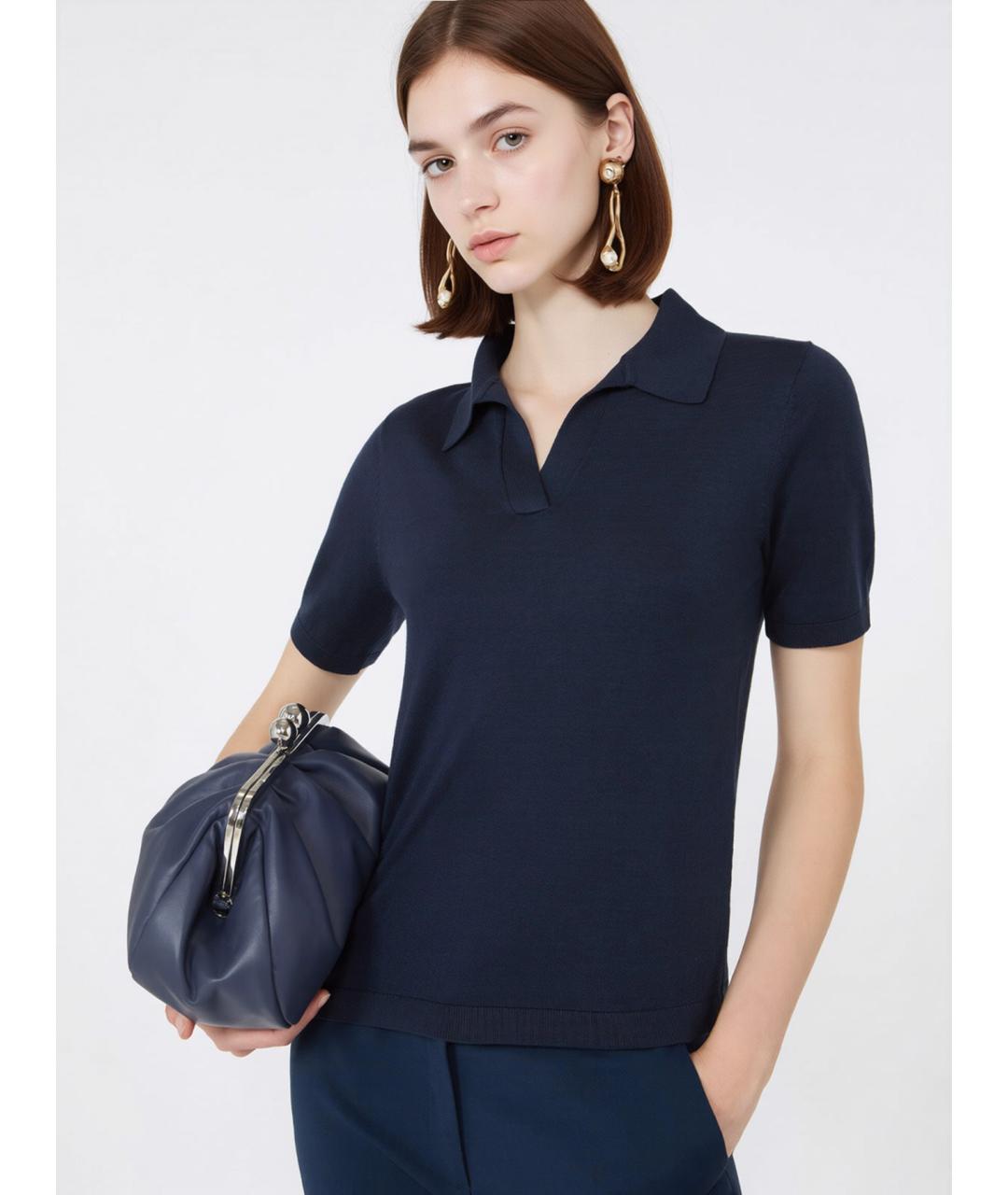 WEEKEND MAX MARA Темно-синяя шелковая футболка, фото 5