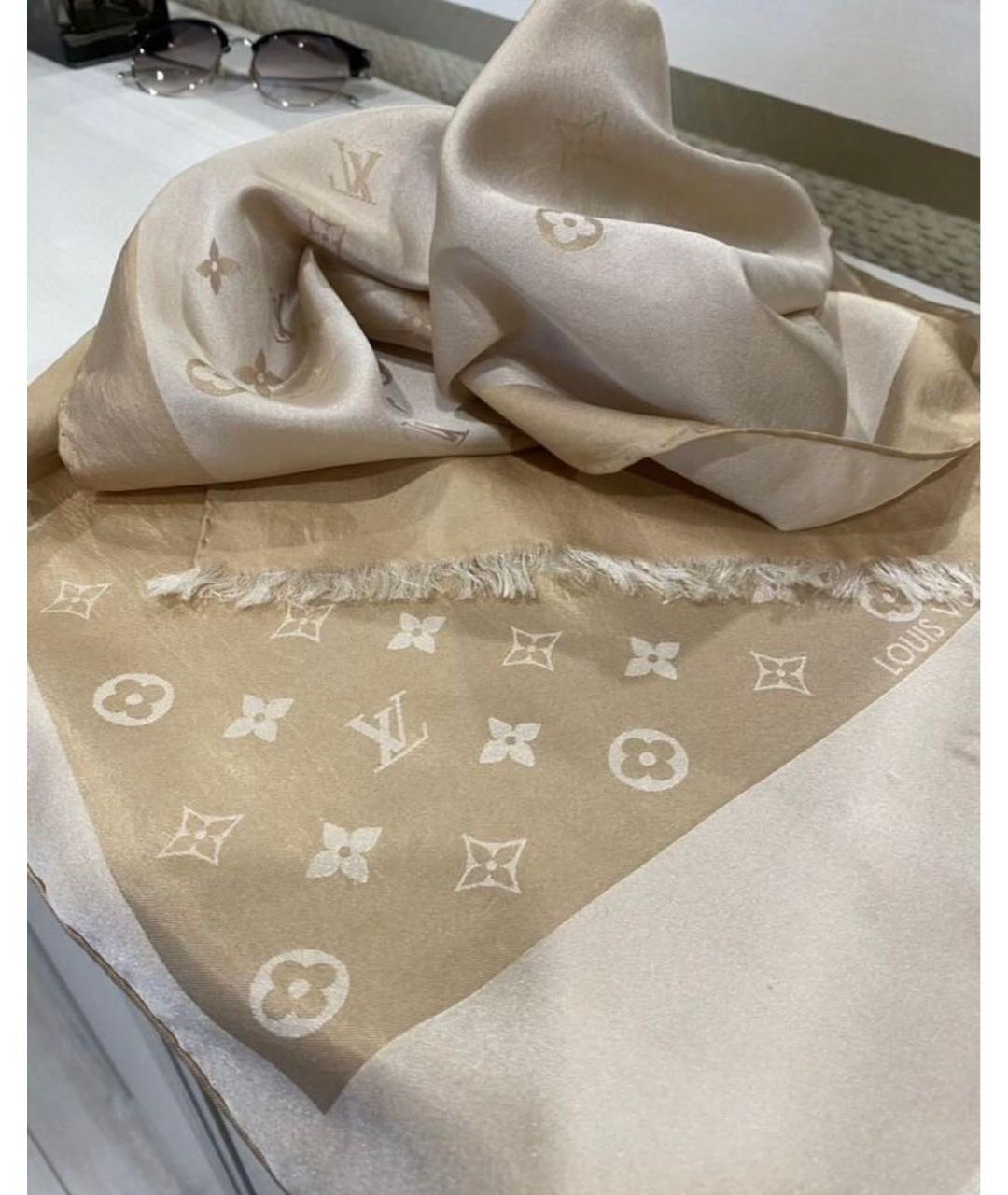 LOUIS VUITTON Бежевый шелковый платок, фото 4