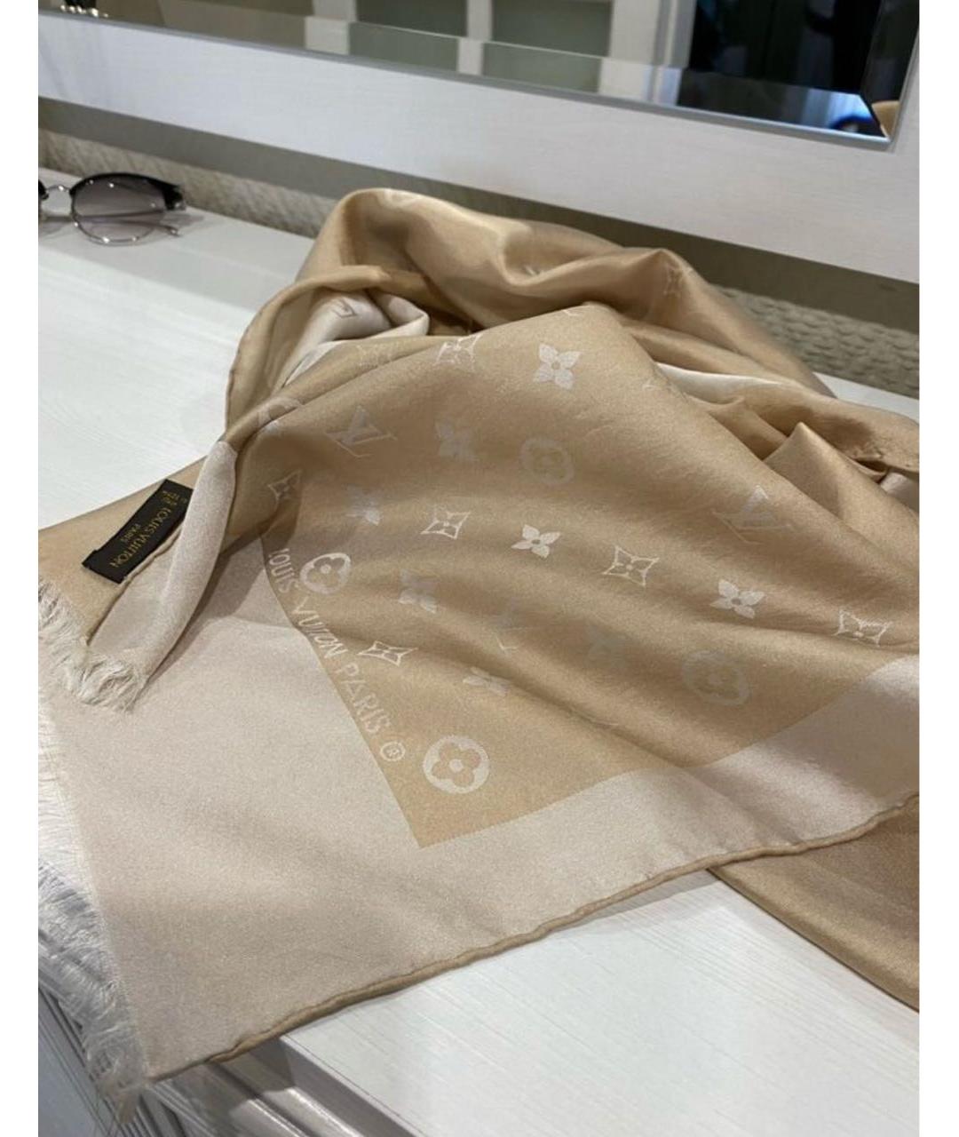LOUIS VUITTON Бежевый шелковый платок, фото 5