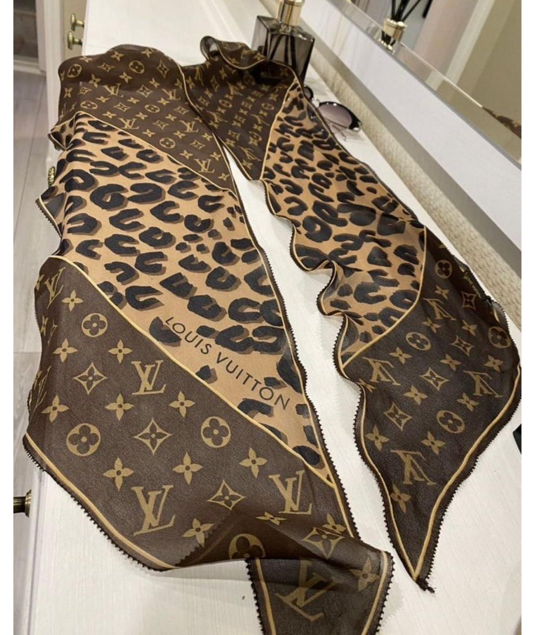 LOUIS VUITTON Коричневый шелковый платок, фото 5