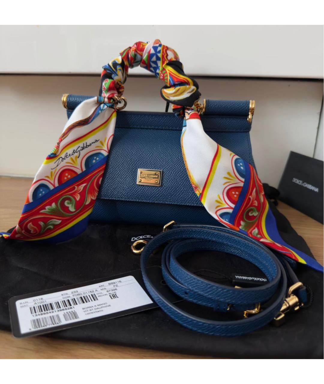 DOLCE&GABBANA Темно-синяя кожаная сумка с короткими ручками, фото 8