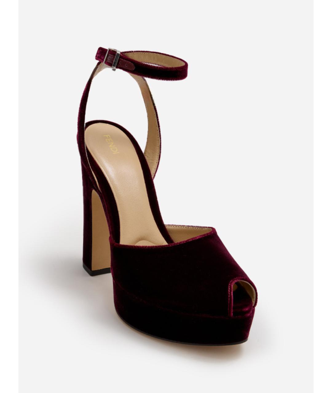 FENDI Бордовые бархатные босоножки, фото 2