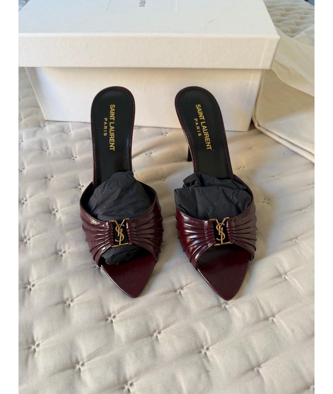 SAINT LAURENT Бордовые кожаные босоножки, фото 2
