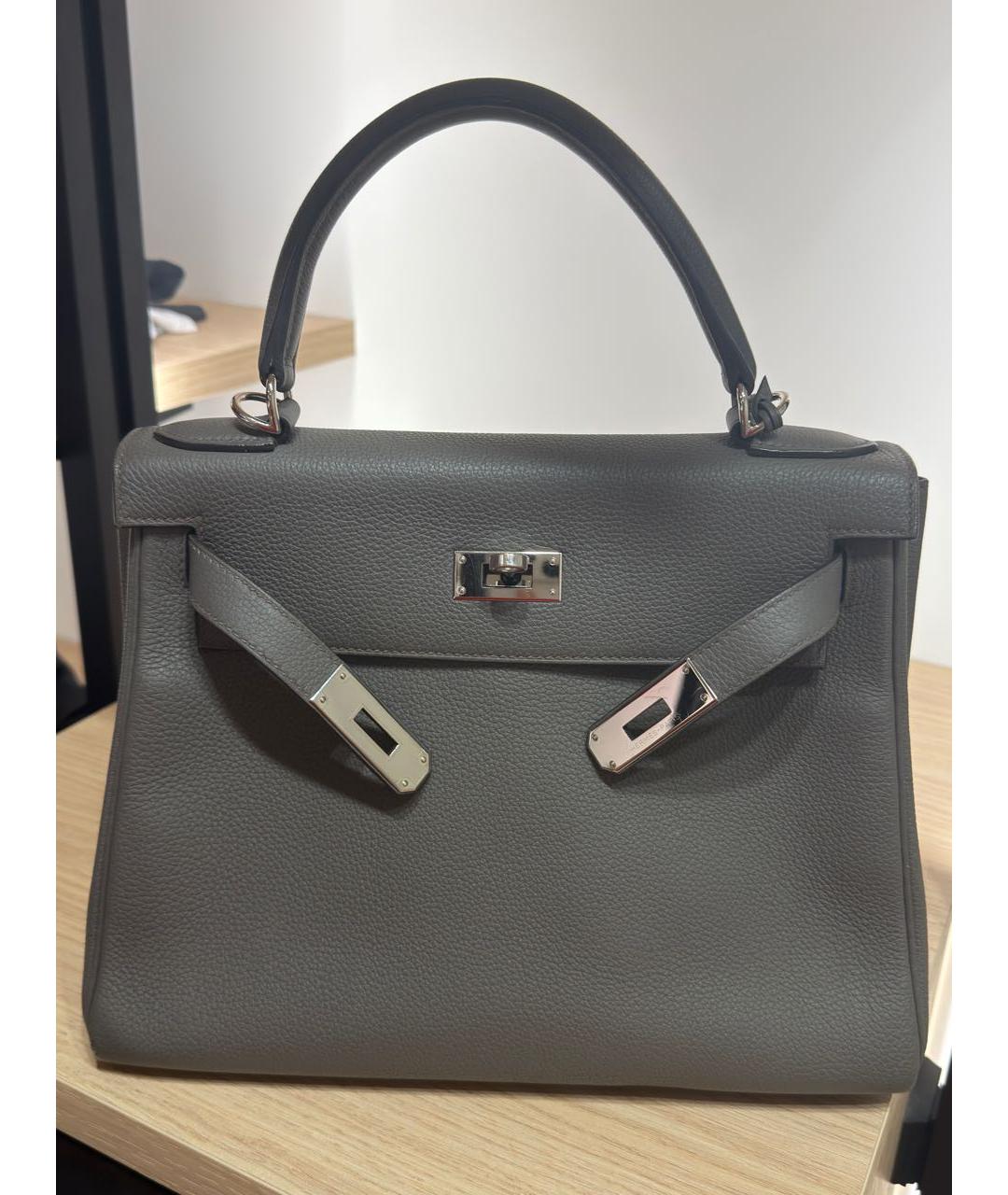 HERMES Антрацитовая кожаная сумка с короткими ручками, фото 9