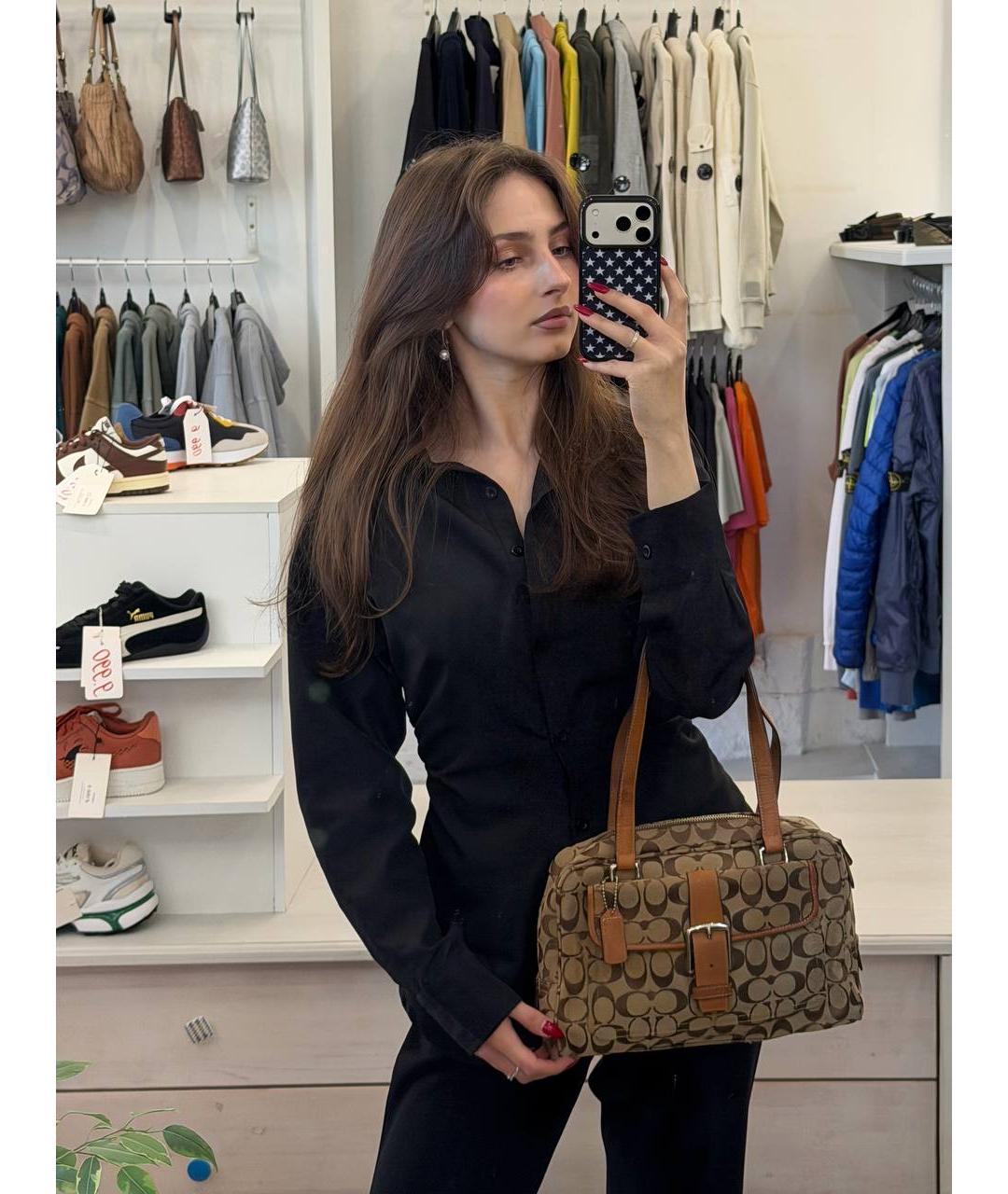 COACH Бежевая сумка с короткими ручками из канвы, фото 3
