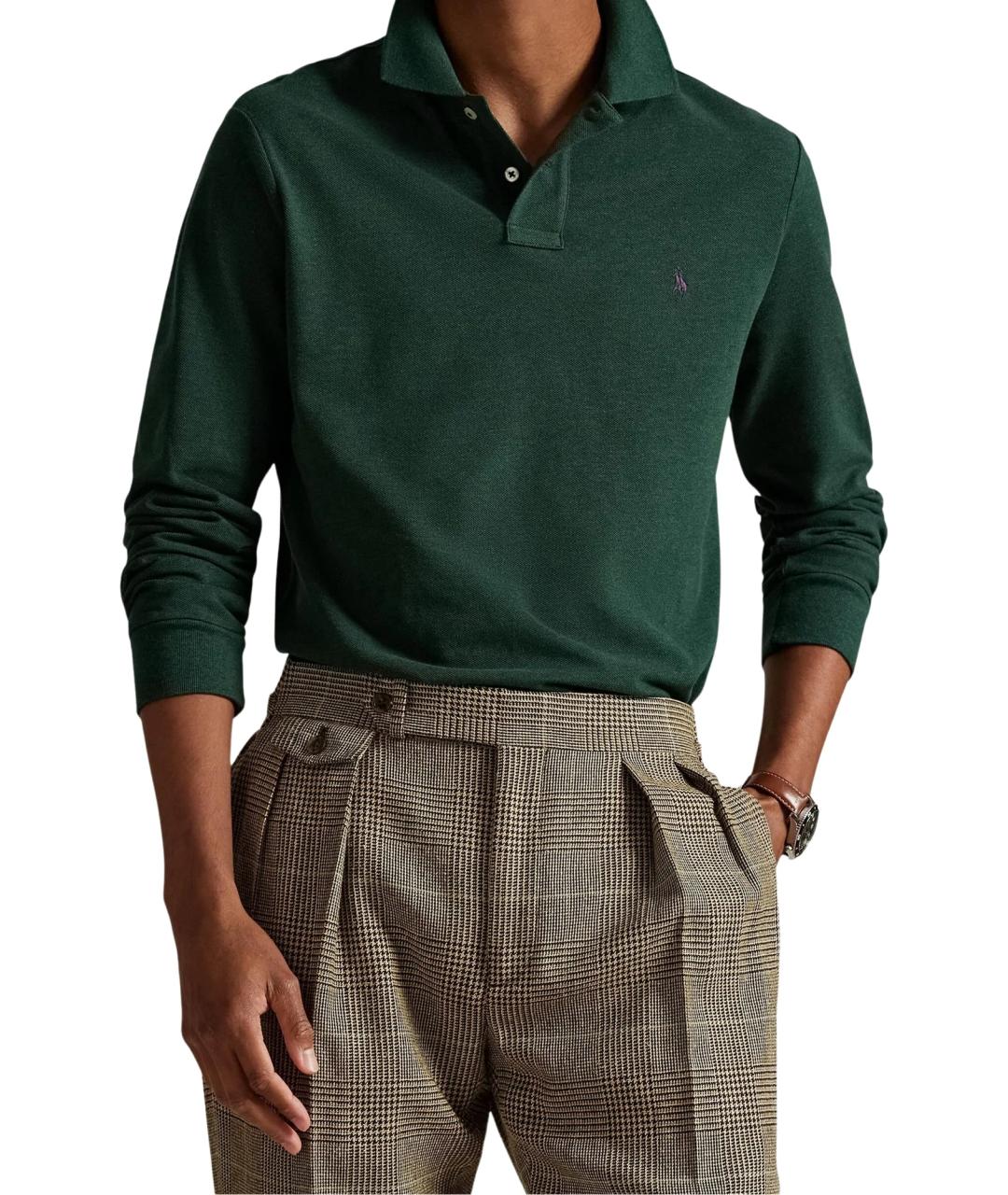 RALPH LAUREN Зеленое хлопковое поло с длинным рукавом, фото 2