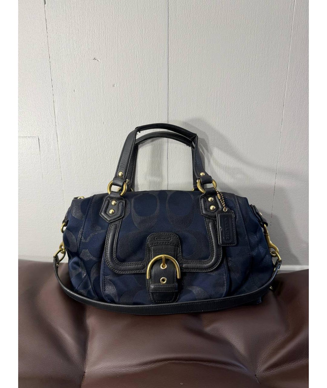 COACH Темно-синяя жаккардовая сумка с короткими ручками, фото 4