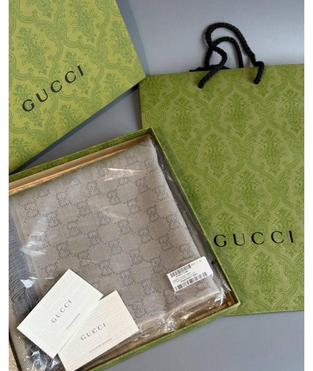 GUCCI Серый шерстяной шарф, фото 5