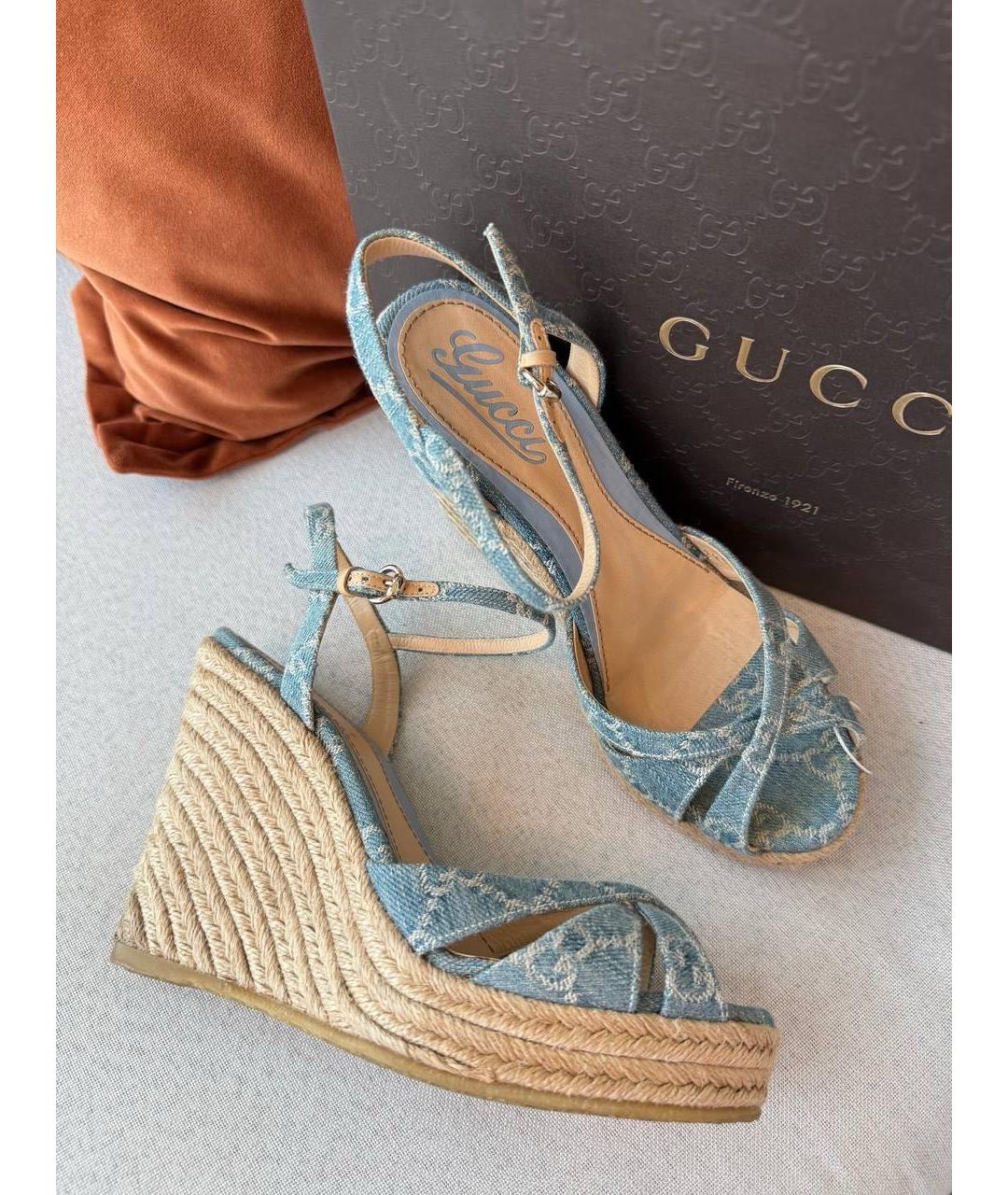 GUCCI Голубые текстильные босоножки, фото 8