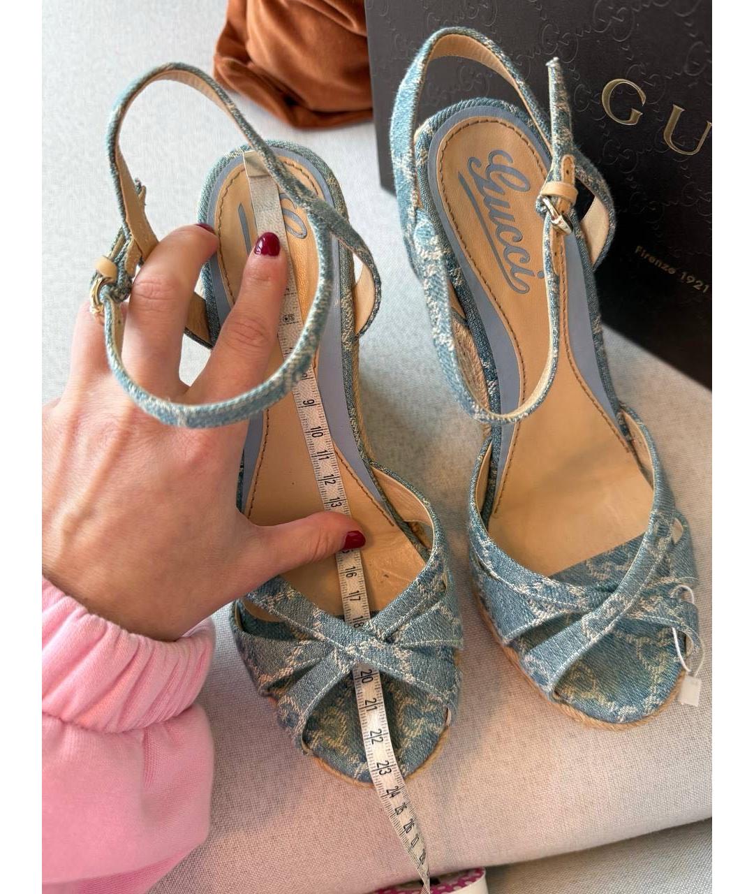 GUCCI Голубые текстильные босоножки, фото 6