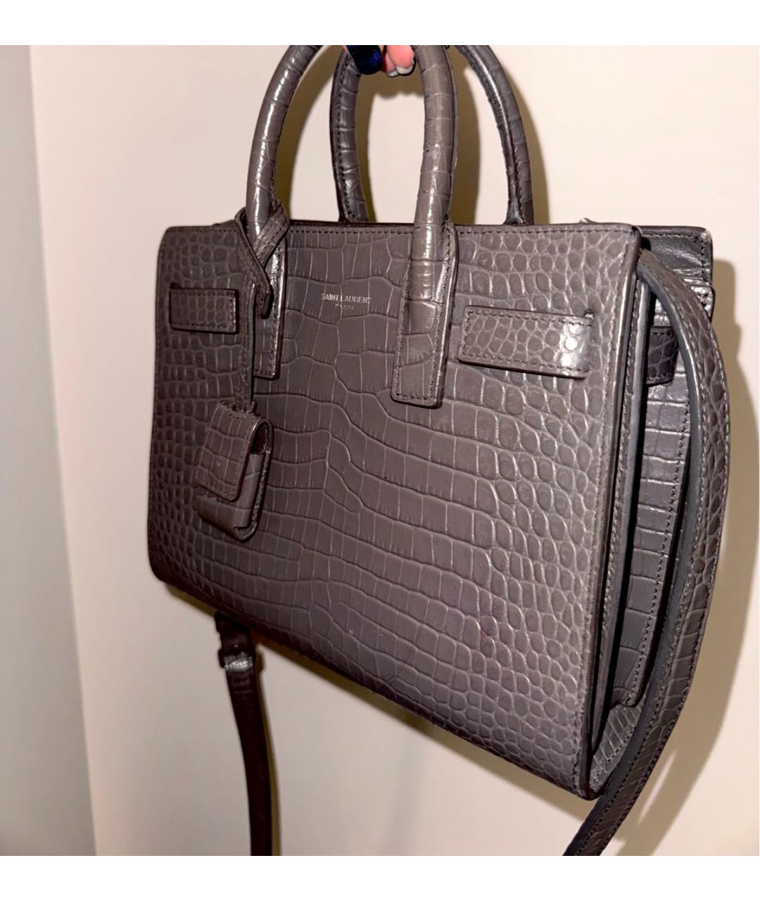 SAINT LAURENT Антрацитовая кожаная сумка с короткими ручками, фото 2