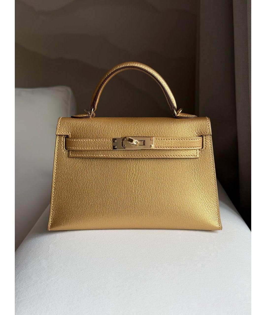 HERMES Золотая кожаная сумка с короткими ручками, фото 5