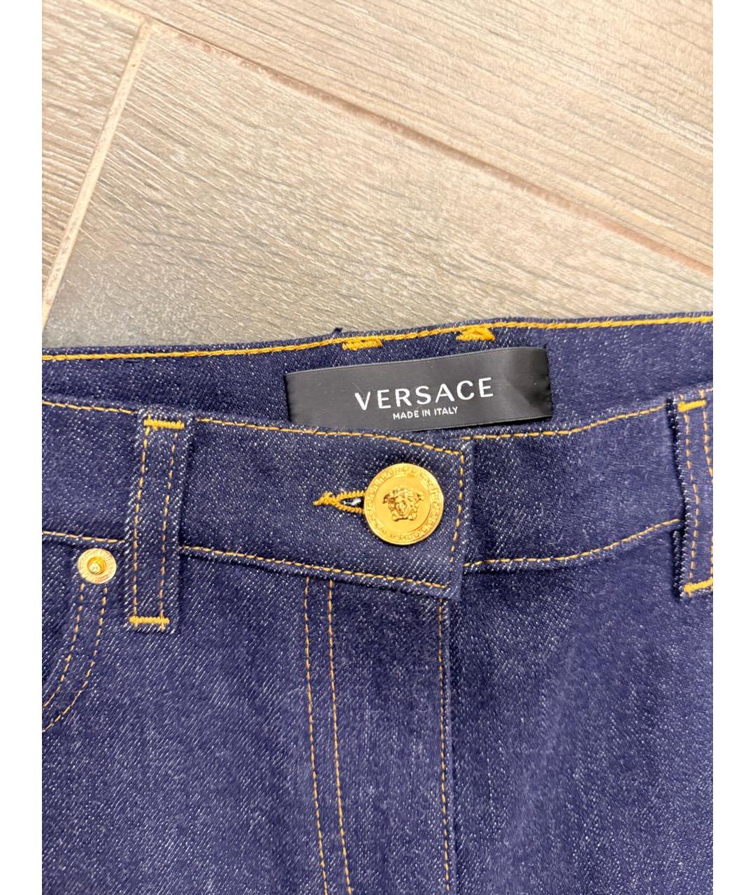 VERSACE Темно-синие хлопко-полиэстеровые джинсы слим, фото 4