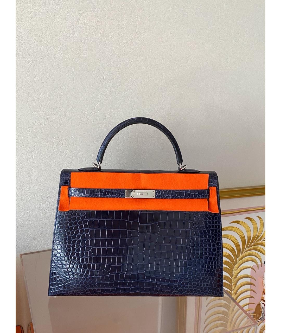 HERMES Синяя сумка через плечо из кожи аллигатора, фото 3