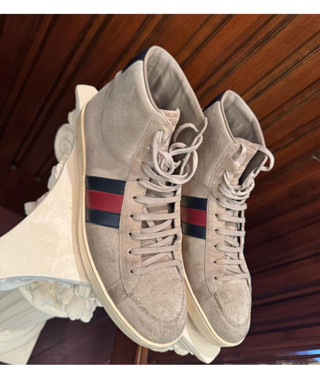 GUCCI Бежевые замшевые высокие кроссовки / кеды, фото 2