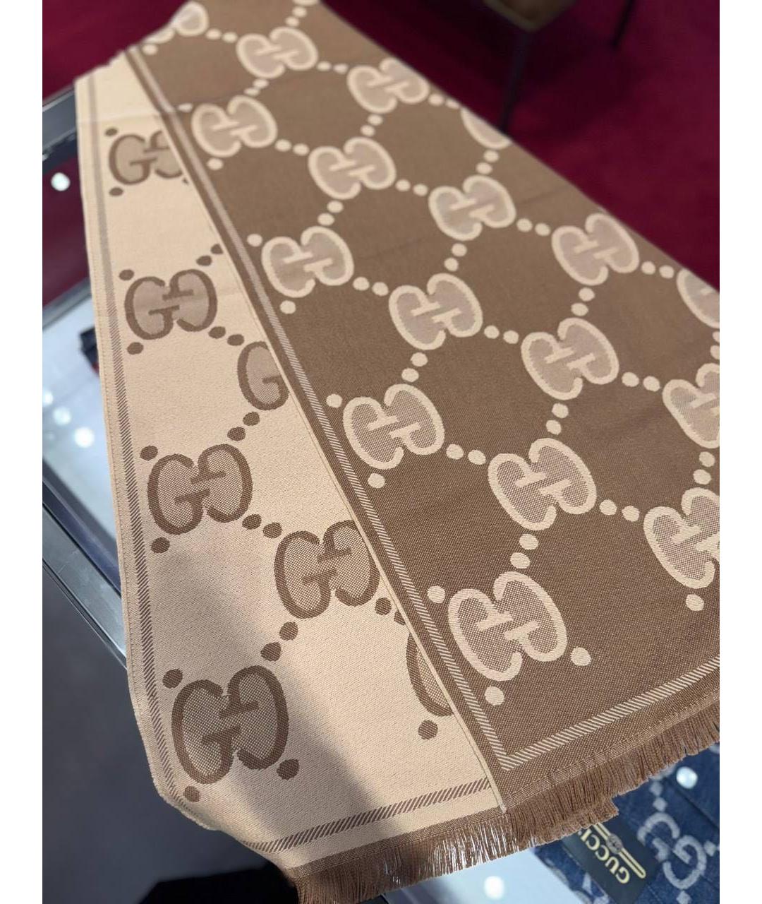 GUCCI Коричневый шерстяной шарф, фото 4