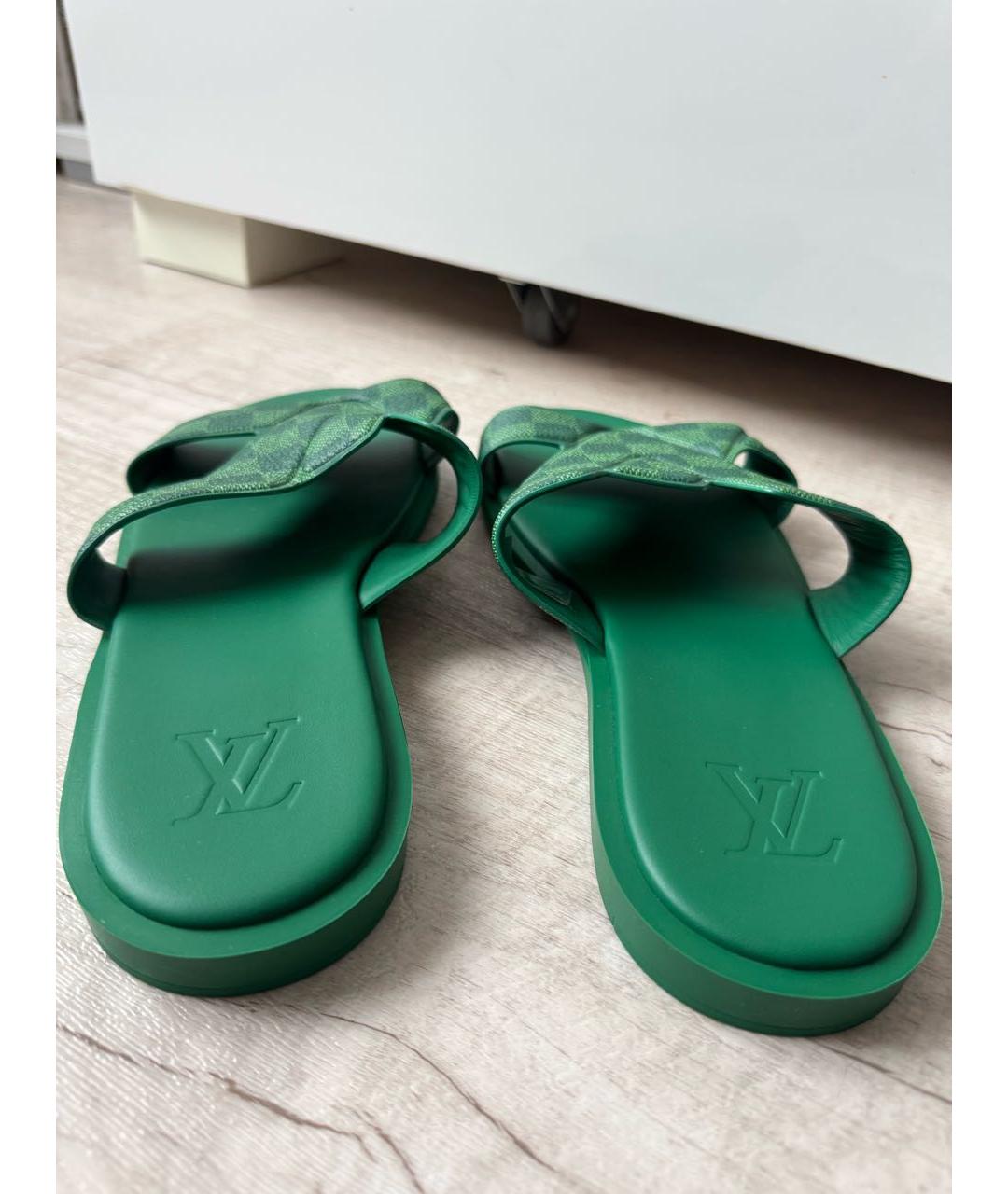 LOUIS VUITTON Зеленые кожаные шлепанцы, фото 4
