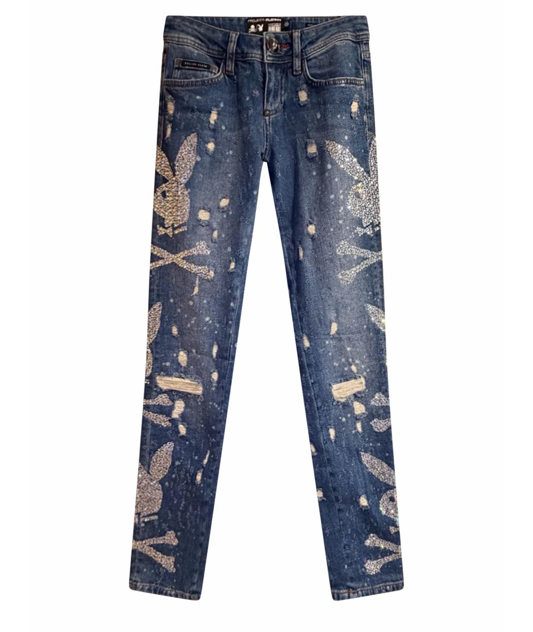 PHILIPP PLEIN Темно-синие хлопко-эластановые джинсы слим, фото 1
