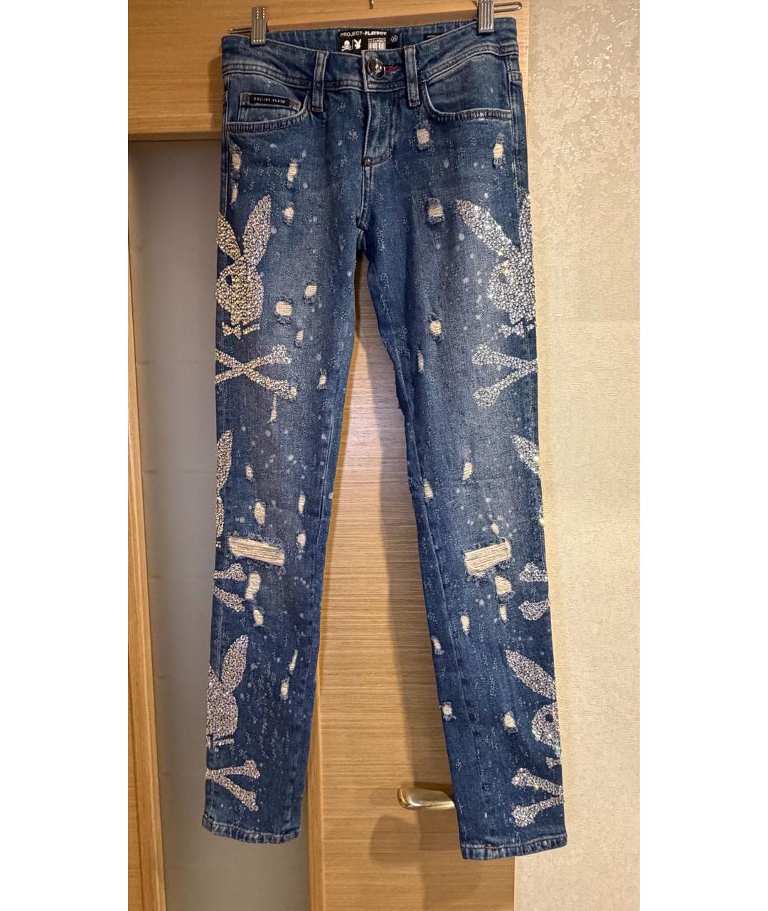 PHILIPP PLEIN Темно-синие хлопко-эластановые джинсы слим, фото 9