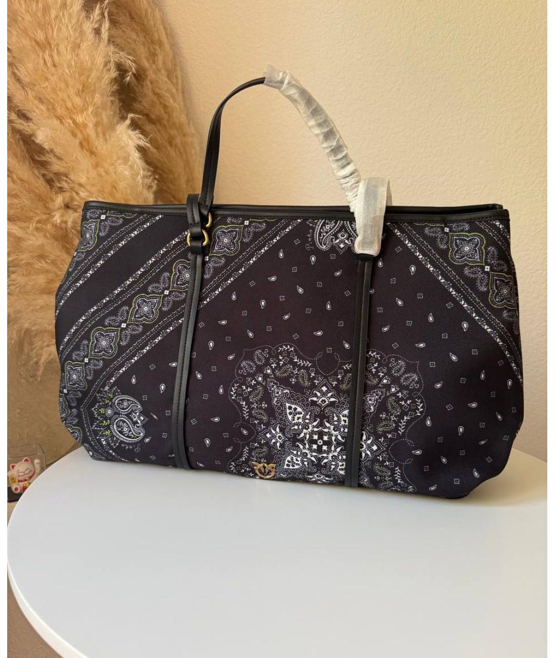 PINKO Черная сумка с короткими ручками из канвы, фото 5