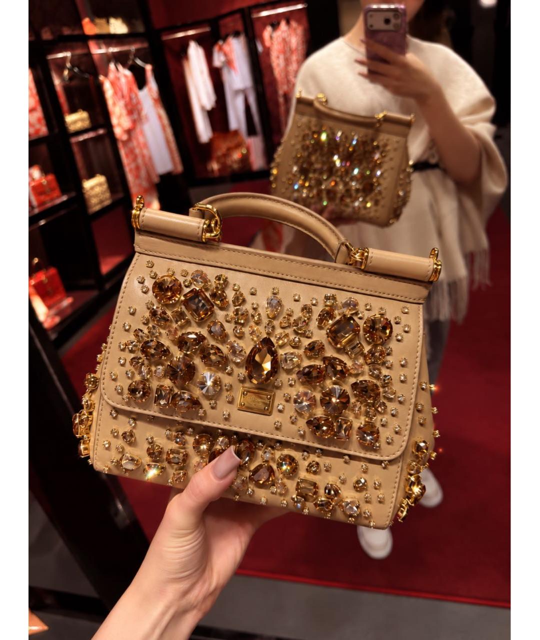DOLCE&GABBANA Бежевая кожаная сумка с короткими ручками, фото 4