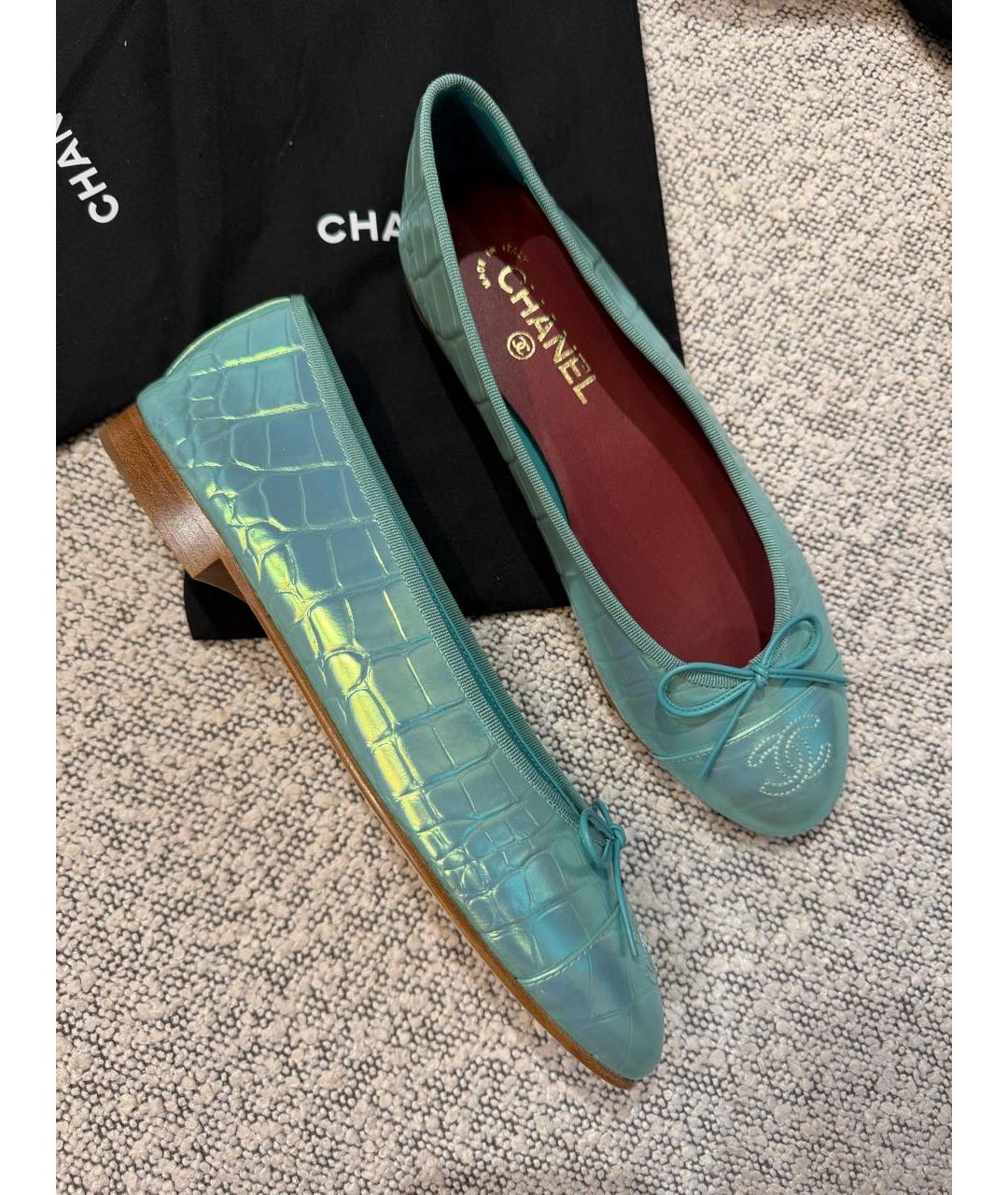 CHANEL Бирюзовые кожаные балетки, фото 5