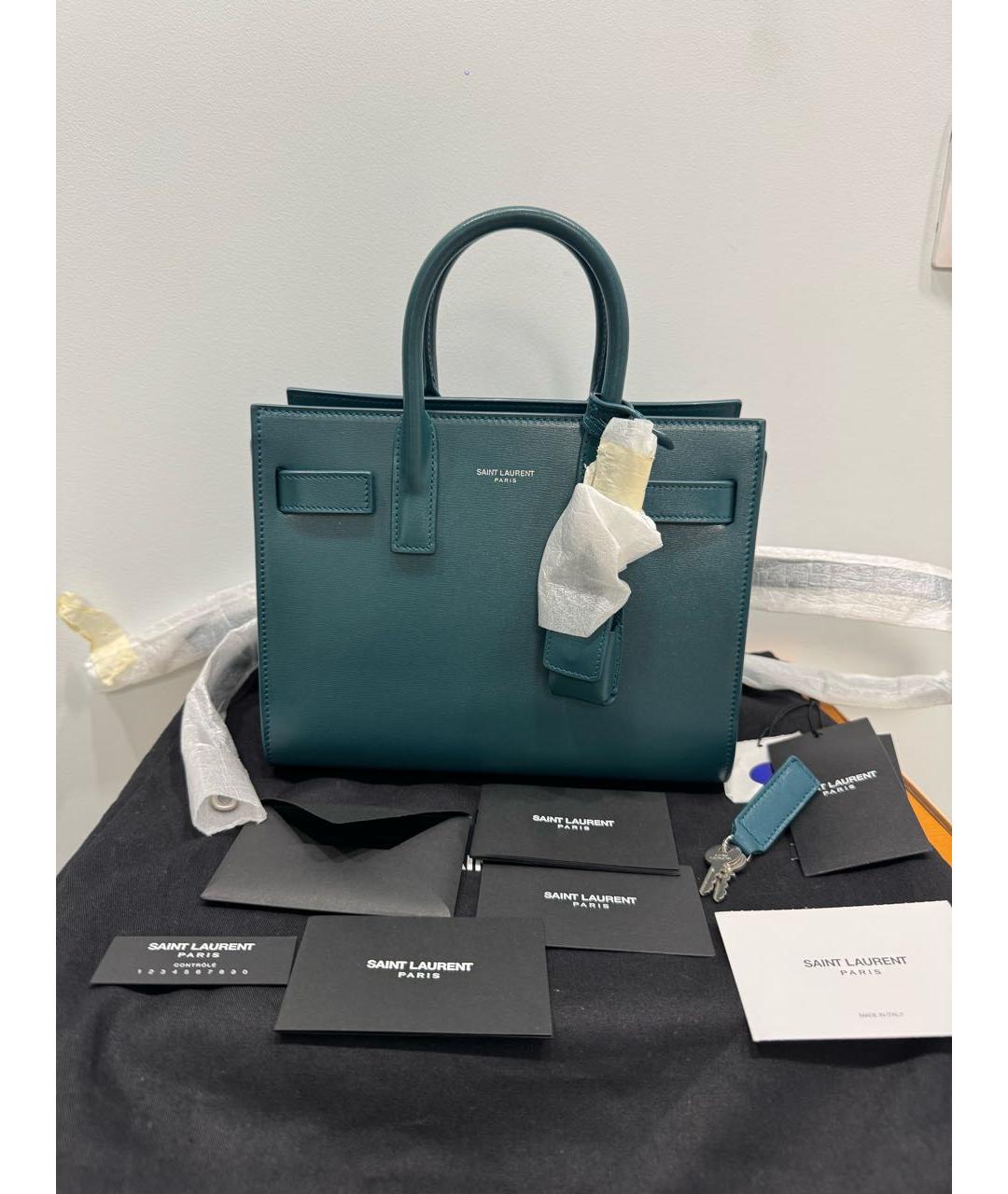 SAINT LAURENT Бирюзовая кожаная сумка тоут, фото 2