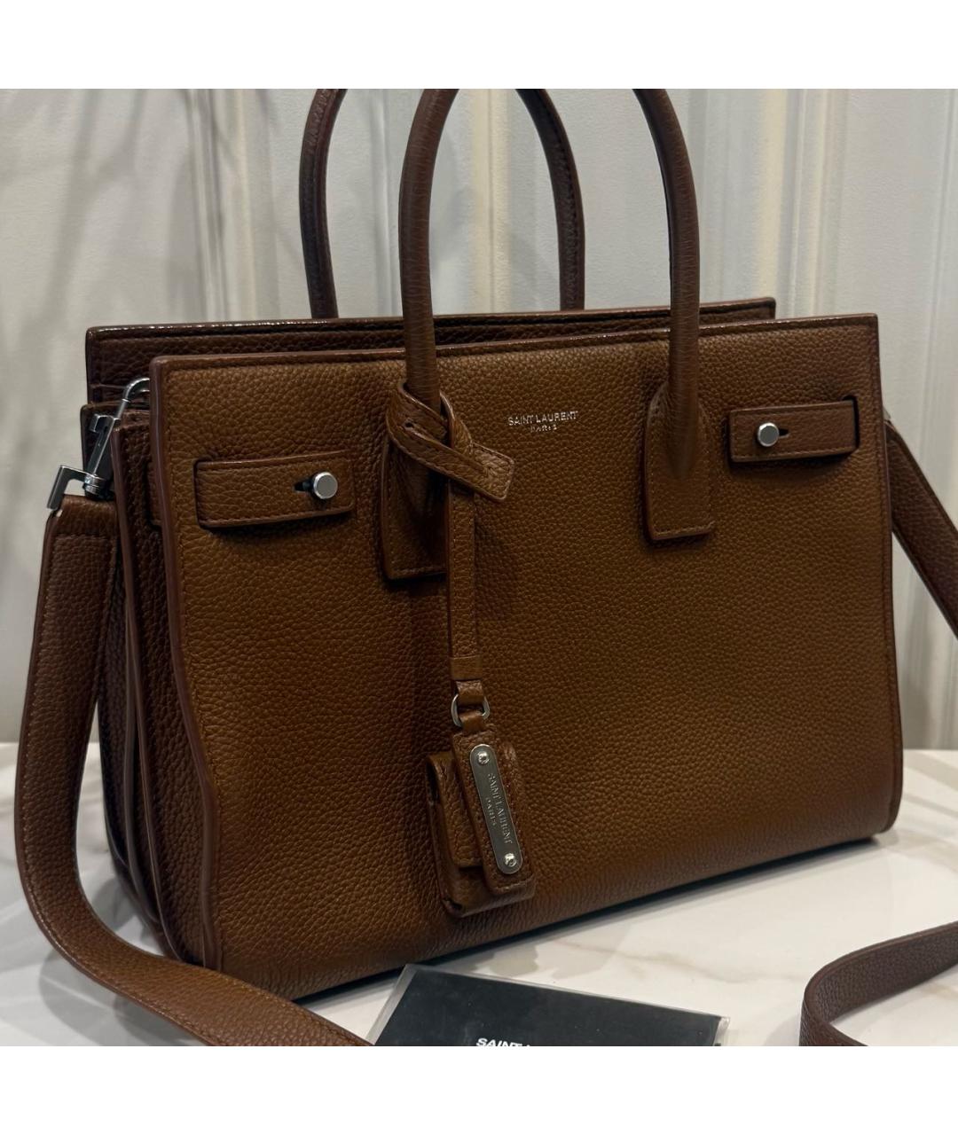 SAINT LAURENT Коричневая кожаная сумка с короткими ручками, фото 2