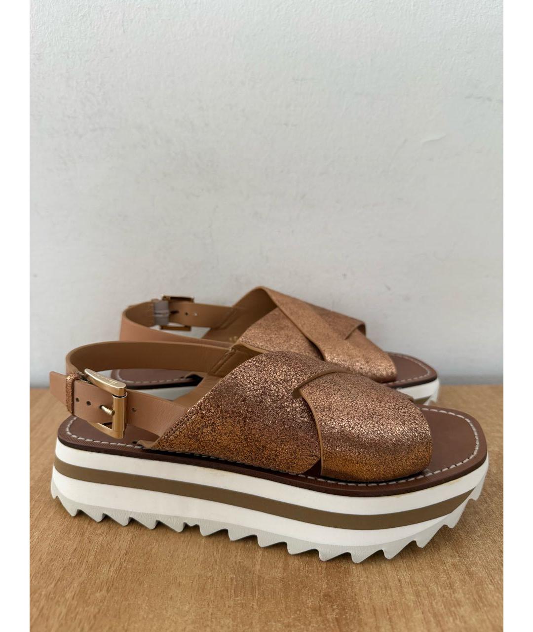 SANTONI Золотые кожаные босоножки, фото 3