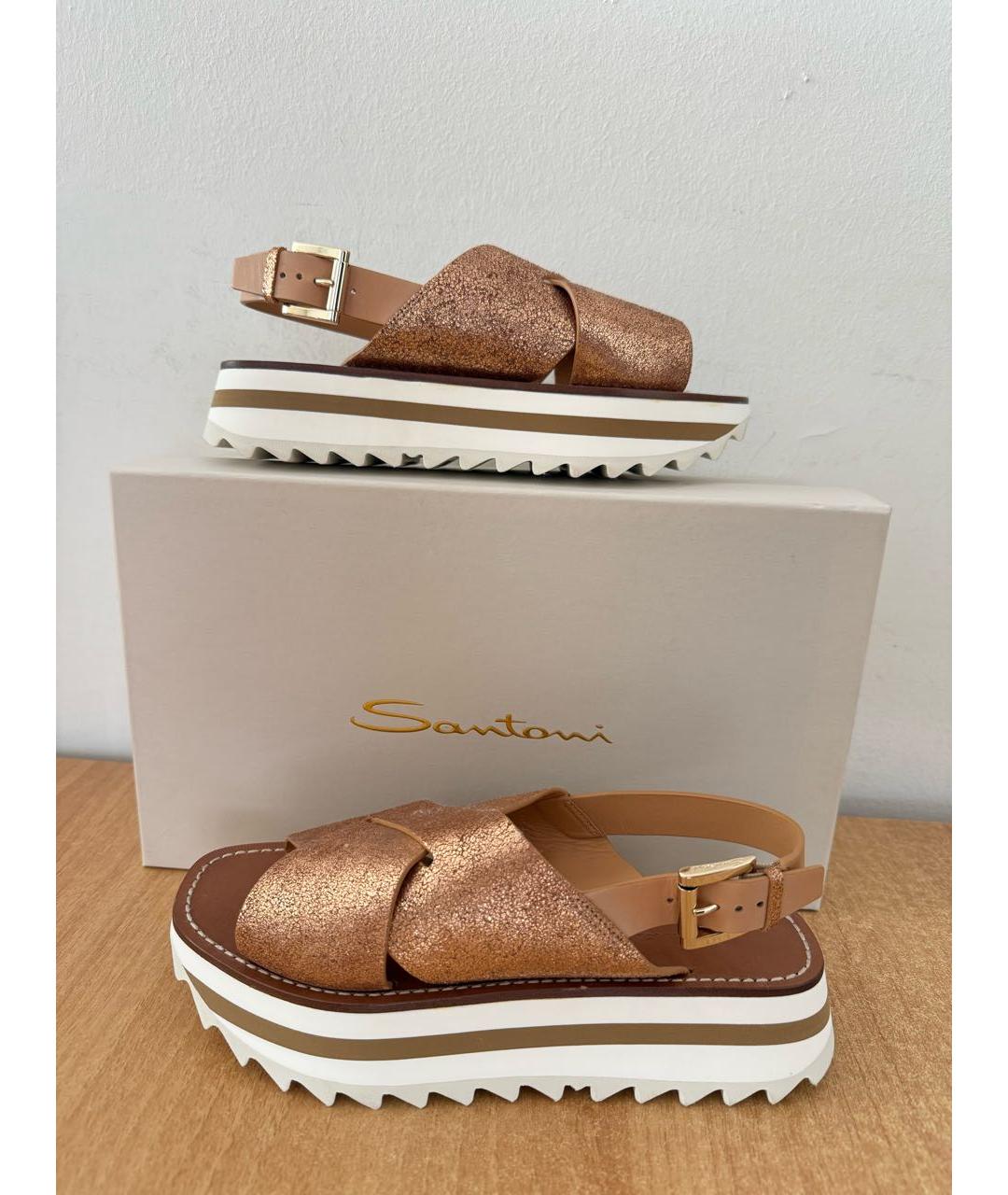 SANTONI Золотые кожаные босоножки, фото 2