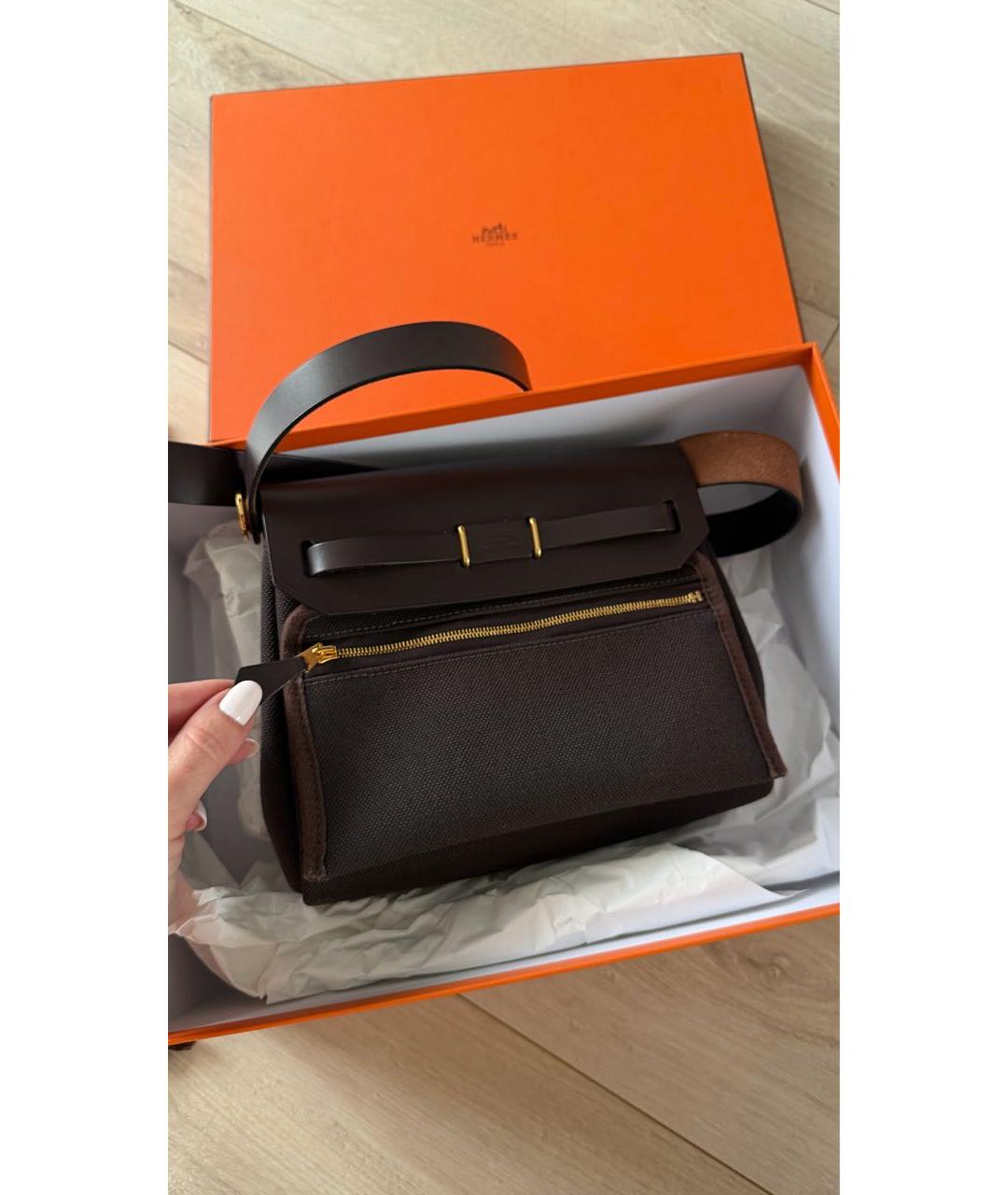 HERMES Коричневая сумка через плечо из канвы, фото 3