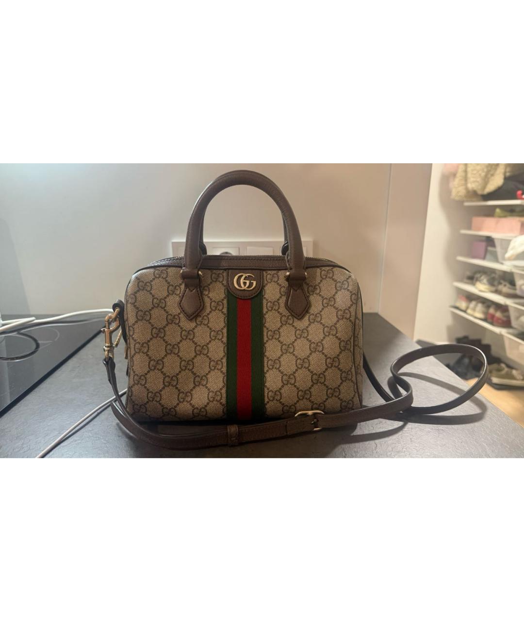 GUCCI Бежевая сумка с короткими ручками из канвы, фото 9
