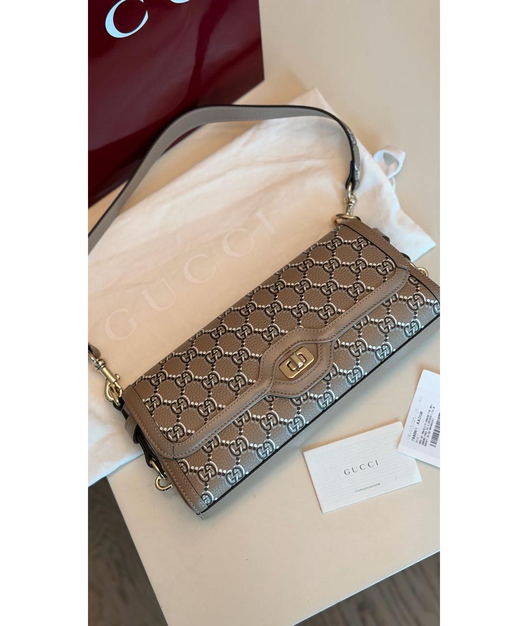 GUCCI Бежевая кожаная сумка с короткими ручками, фото 2