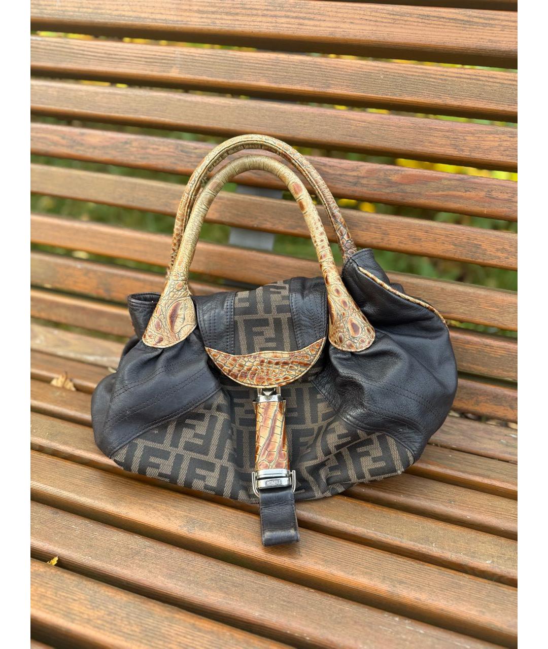 FENDI Коричневая тканевая сумка с короткими ручками, фото 9