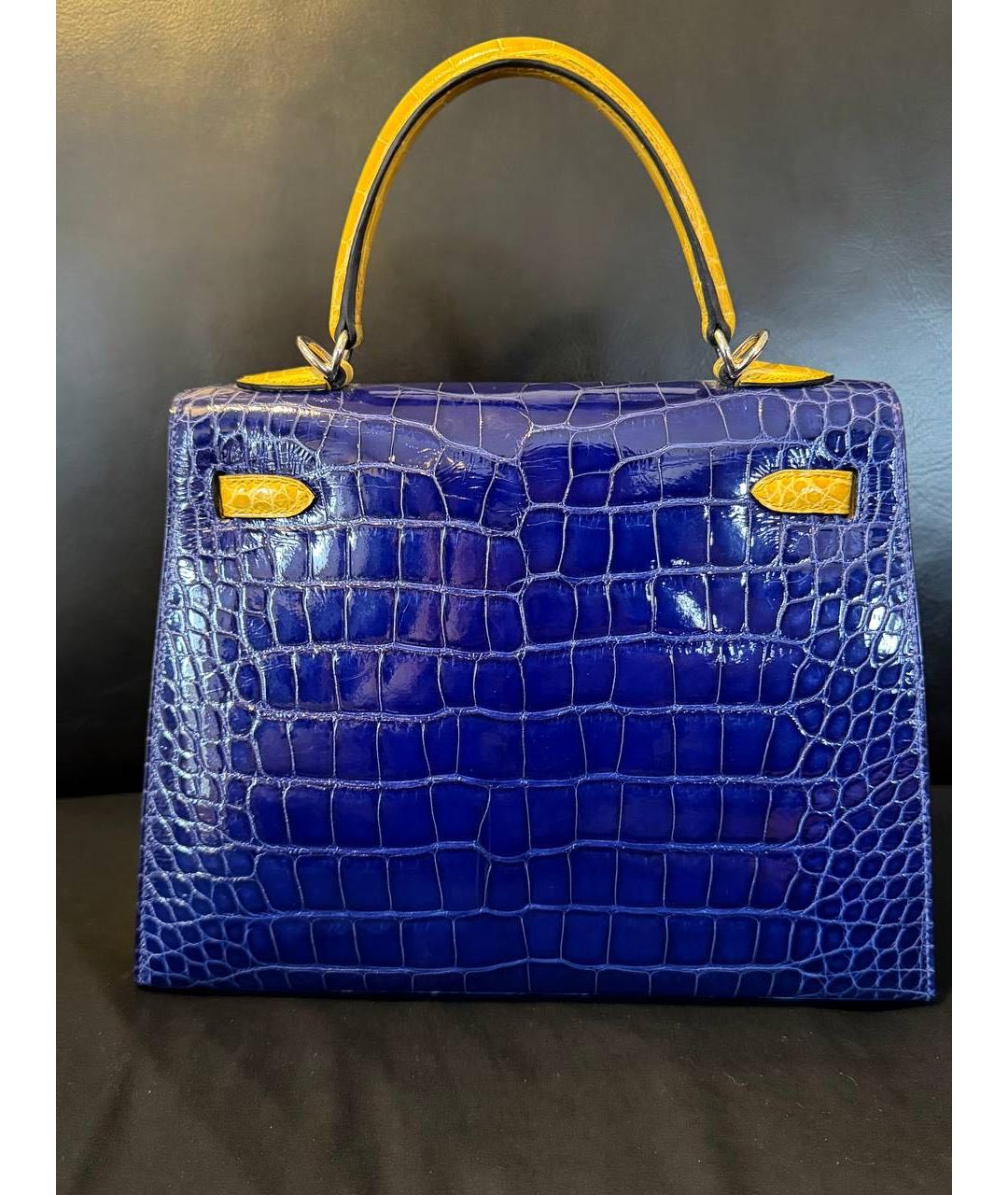 HERMES Синяя сумка с короткими ручками из кожи аллигатора, фото 2