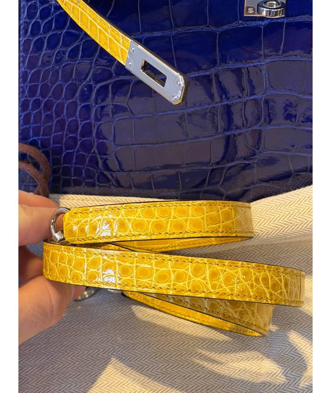 HERMES Синяя сумка с короткими ручками из кожи аллигатора, фото 8