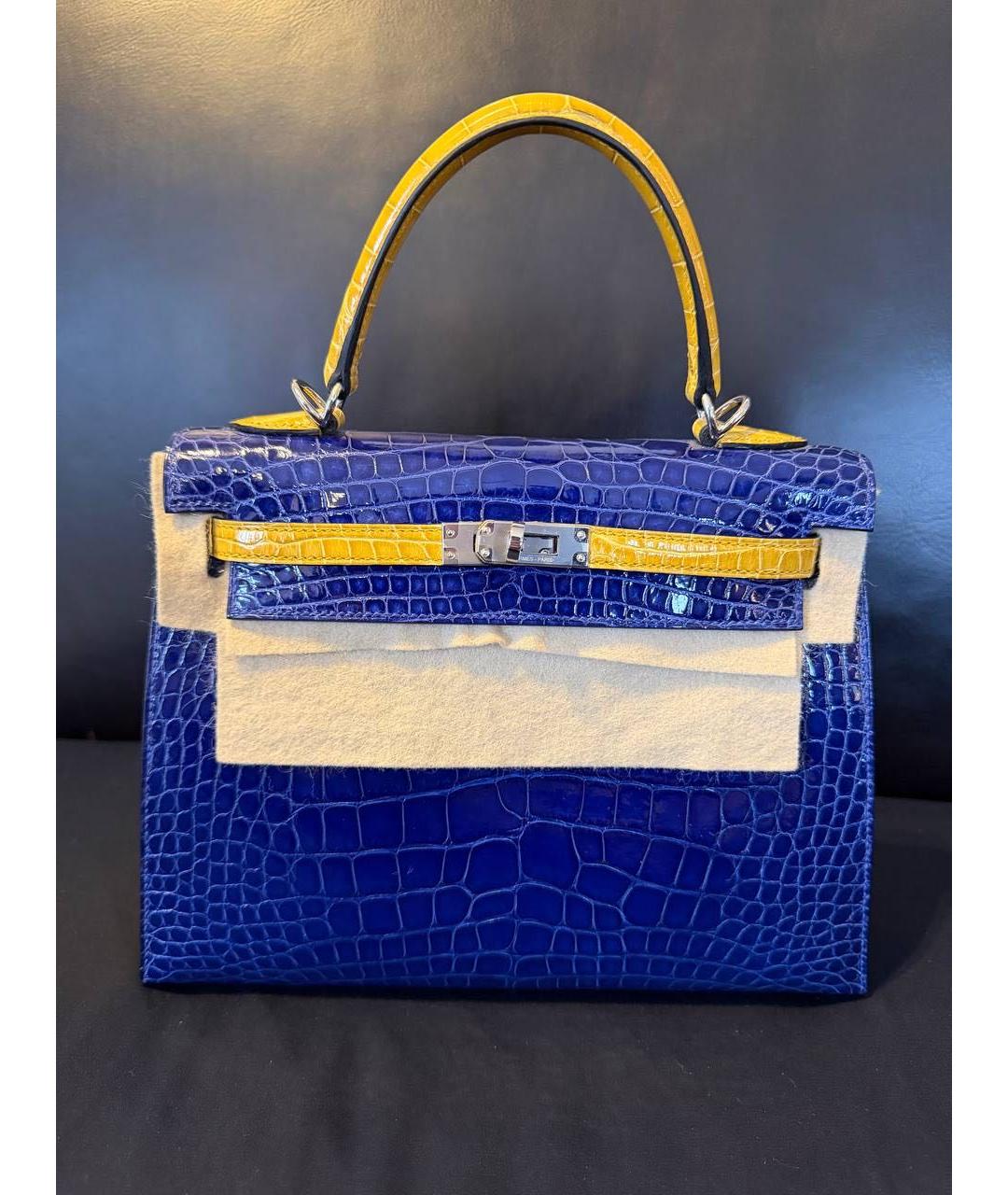 HERMES Синяя сумка с короткими ручками из кожи аллигатора, фото 9