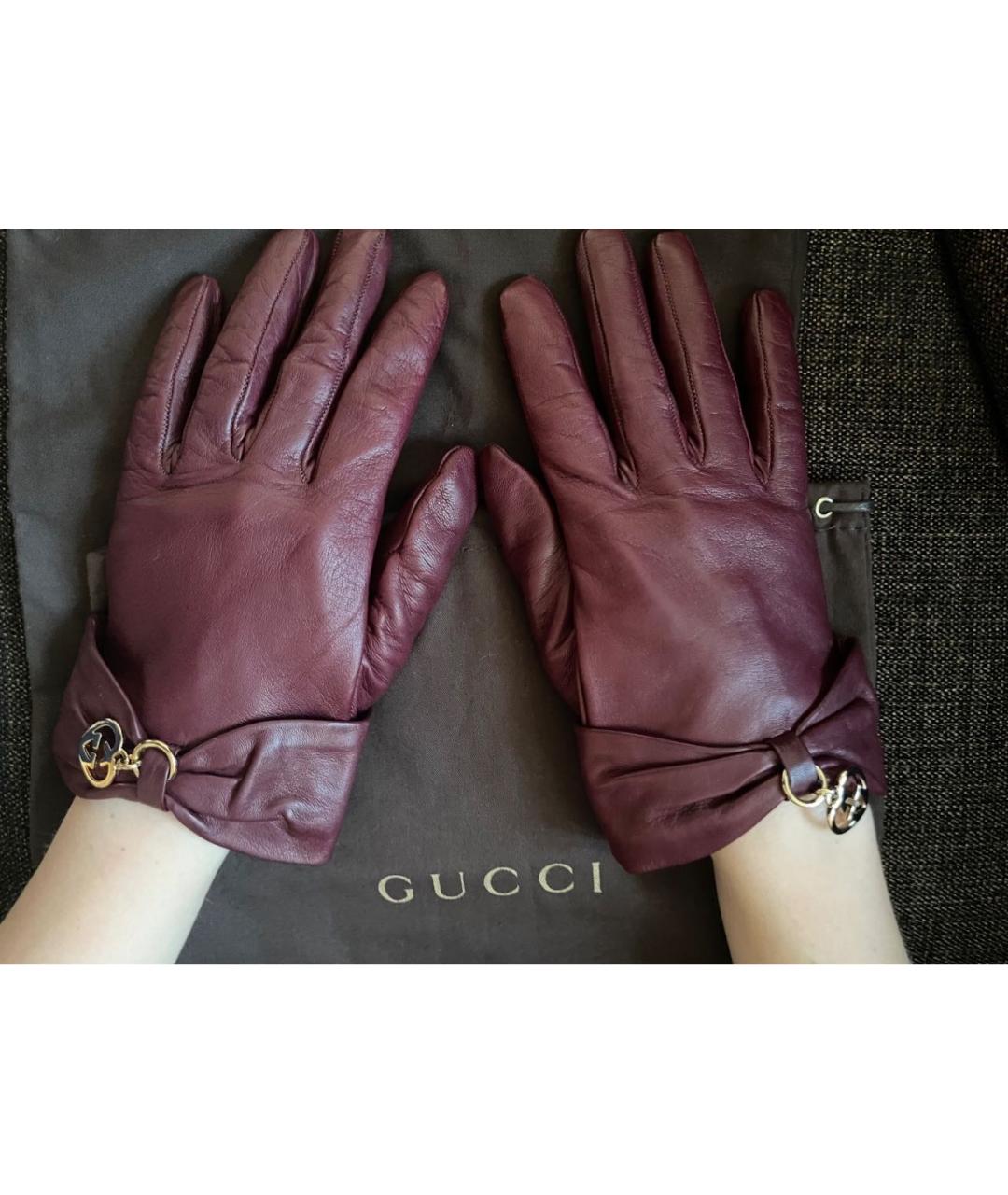 GUCCI Бордовые кожаные перчатки, фото 5