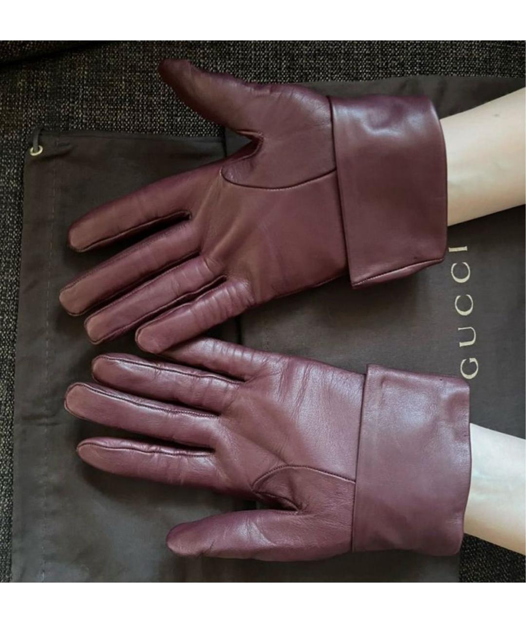 GUCCI Бордовые кожаные перчатки, фото 2